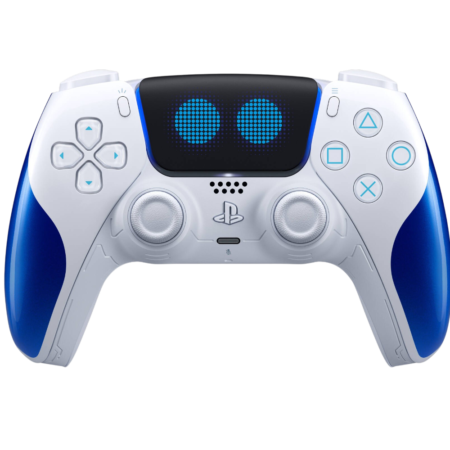 Front view of a white PS5 DualSense controller with blue accent panels and illuminated blue dots on the touchpad area.