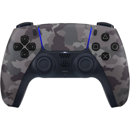 Camouflage-pattern PlayStation 5 DualSense controller facing forward with blue light along the touchpad edge.