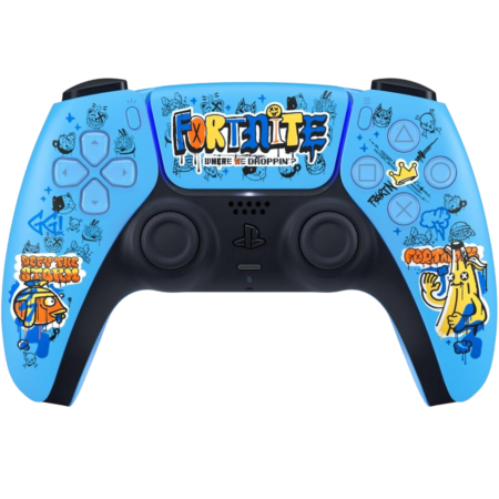 Blue Fortnite-themed game controller with graffiti-style characters and logo across the front plates.