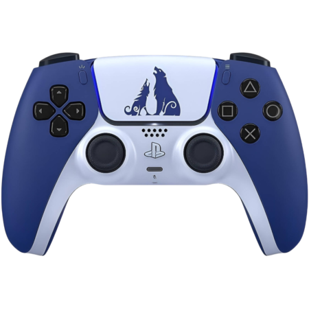 Blue and white PlayStation 5 DualSense controller with a wolf logo on the touchpad.