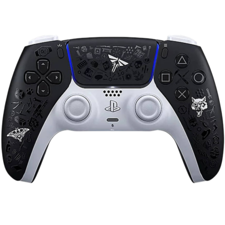 Custom PlayStation controller with black side grips, silver center, and engraved icons across the handles.