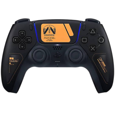 Black PlayStation-style game controller with an orange adhesive panel on the touchpad and orange stitching along the grips, shown against a black background.