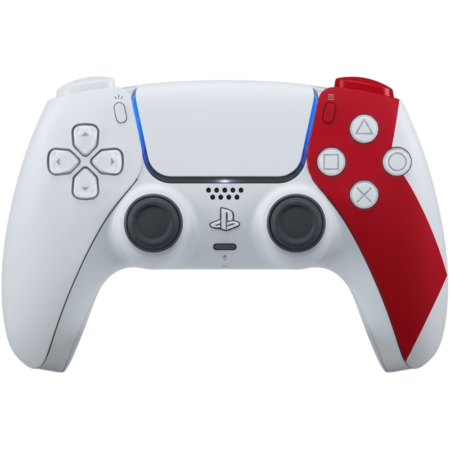 White PlayStation 5 DualSense controller with a red right grip and blue light bar on the top edge.