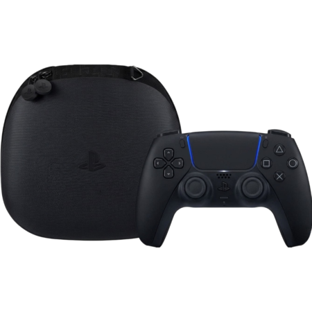 PlayStation DualSense controller with a black carrying case, showing the blue light accents on the controller.