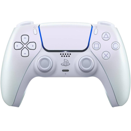 White PlayStation 5 DualSense controller seen from the front with D-pad, analog sticks, and face buttons.
