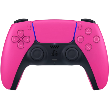 Front view of a bright pink PlayStation 5 DualSense wireless controller on a black background, showing the buttons and joysticks.