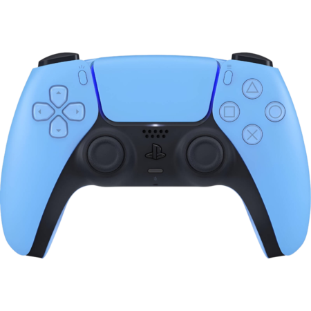 Blue PlayStation 5 DualSense controller seen from the front, with light-blue grips and black center area.