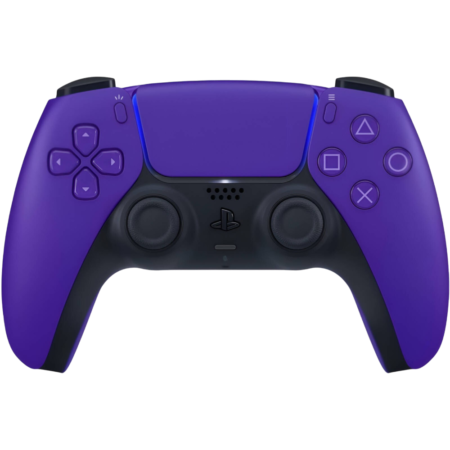 Front view of a purple PlayStation 5 DualSense wireless controller against a black background.