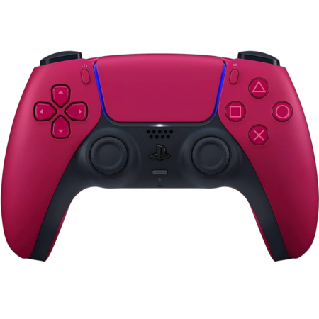 Pink PlayStation 5 DualSense controller facing forward, showing D‑pad, analog sticks, and face buttons on a black background.