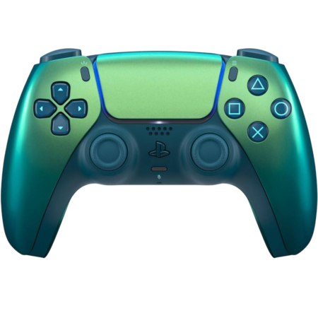Front view of a teal-to-green gradient PlayStation 5 DualSense controller with D-pad on the left and four action buttons on the right.