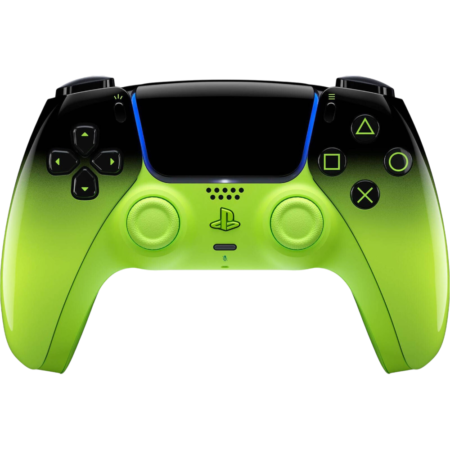 Neon-green PlayStation DualShock controller, facing forward with black top grips and blue accents.