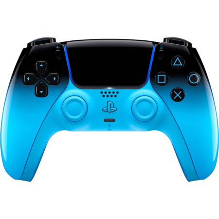 Blue gradient PlayStation 5 controller with black top, D‑pad left, action buttons on the right, and a large central touchpad.