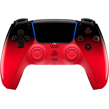 Red gradient PlayStation controller (DualShock) with black grips, D‑pad left and triangle, circle, X, square buttons right.