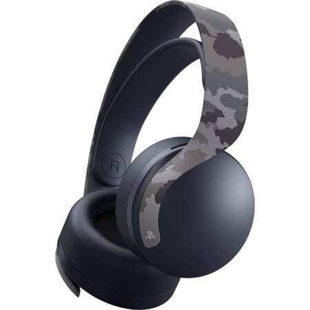 Over-ear gaming headphones in navy with a camouflage-patterned headband and cushioned ear cups, displayed against a black background.