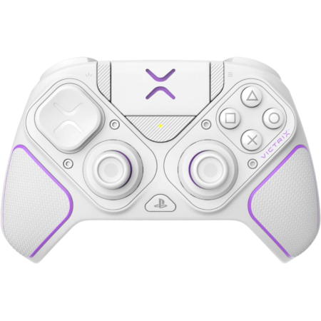 White PlayStation-style wireless game controller with purple accents and textured grips (Victrix branding).