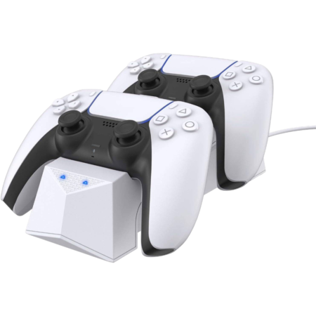 Two white wireless game controllers rest on a dual charging dock with blue indicator lights.
