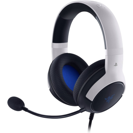 White and black over-ear gaming headset with mic, featuring a PlayStation logo on the earcup and blue interior padding.
