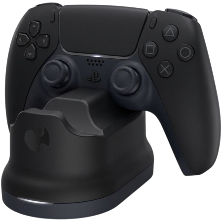PlayStation 5 controller resting on a charging dock against a dark background, ready to charge before use