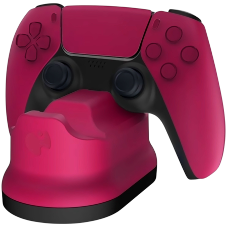 Pink PlayStation 5 DualSense controller resting on a matching pink charging dock/stand, with black grip area visible.