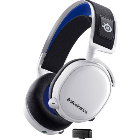White SteelSeries wireless gaming headset with black ear cushions and blue interior, plus USB dongle in foreground.
