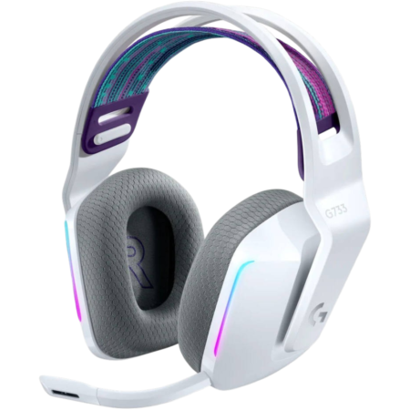 White gaming headset with colorful RGB lighting and a detachable mic, likely Logitech G733
