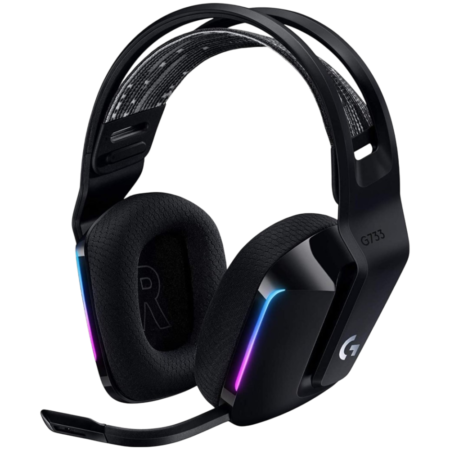 Black Logitech gaming headset with RGB lighting and detachable microphone, model G733, shown from a front-left angle on a dark background.