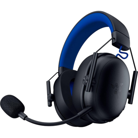 Black over-ear gaming headset with a blue inner headband and boom mic, shown against a dark background.