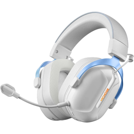 White gaming headset with blue accents, large cushioned ear cups, and attached boom microphone (brand: MCHOSE).