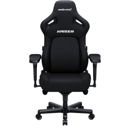 Black Kaiser gaming chair with racing style, padded headrest, and five-wheel base on a black background