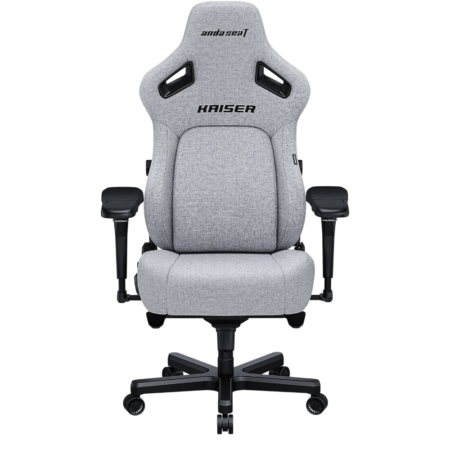 Gray fabric gaming chair with a high back and side cutouts, mounted on a five-wheel base with adjustable arms and black accents.
