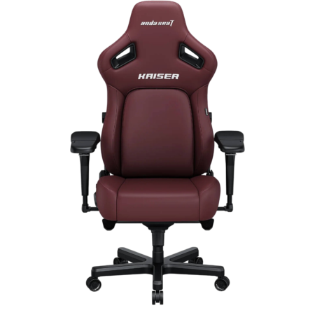 Racing-style burgundy ergonomic chair with armrests, five-star base, and knee-supportive back, branded Kaiser/AndaSeat.