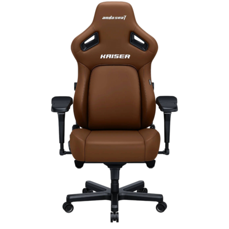 Brown leather gaming chair with black armrests and five-wheel base, branded Kaiser and Andaseat.