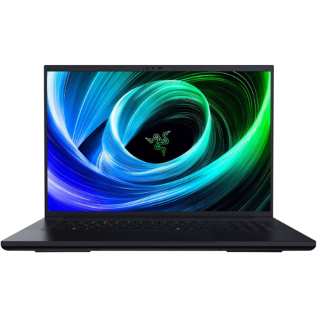 Front view of a black gaming laptop displaying a neon blue-green swirl wallpaper with a green Razer logo on screen