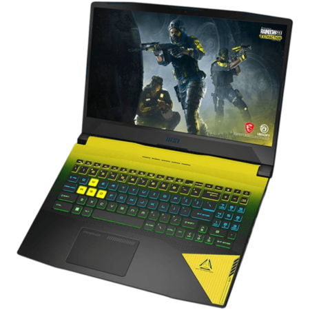 Angled MSI gaming laptop with a yellow-green RGB keyboard; screen shows Rainbow Six Extraction gameplay scene.