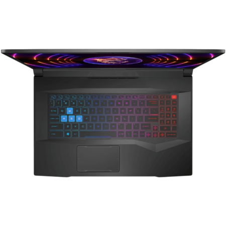 Open gaming laptop viewed from above, showcasing a black chassis and RGB backlit keyboard.