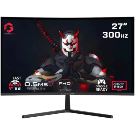 27-inch curved gaming monitor advertised with 300 Hz, 0.5 ms response, FHD (1920x1080) and GameOn branding.