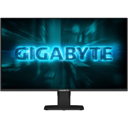 Monitor showing a glowing blue GIGABYTE logo on the screen against a dark background.