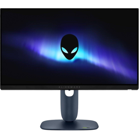 Alienware gaming monitor on a stand, displaying a blue-purple aurora wallpaper with the alien logo in the center.