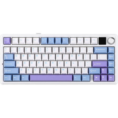 Compact keyboard with pastel blue and purple keycaps on white housing, alphanumeric keys in white/blue mix close-up view