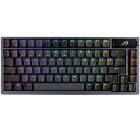 Full-size gaming keyboard with rainbow RGB backlighting on black keys and a numeric keypad on the right shoulder strap area.