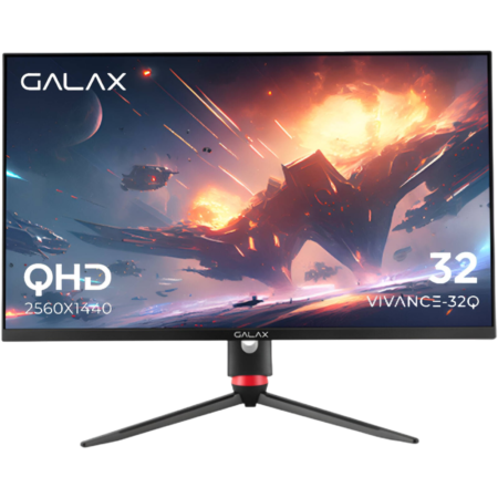 GALAX 32-inch gaming monitor on a three-legged stand displaying a fiery sci-fi battle image (QHD 2560x1440).