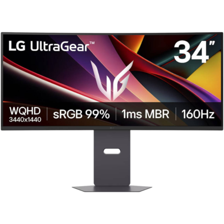 LG UltraGear 34" monitor on stand showing its specs: WQHD 3440x1440, 99% sRGB, 1ms MBR, 160Hz