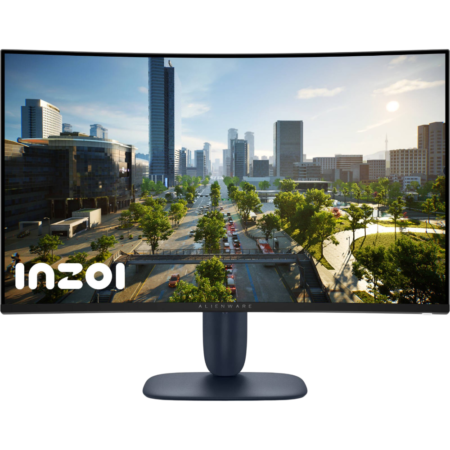Curved Alienware monitor showing a sunny cityscape with skyscrapers and a tree-lined boulevard on the screen.
