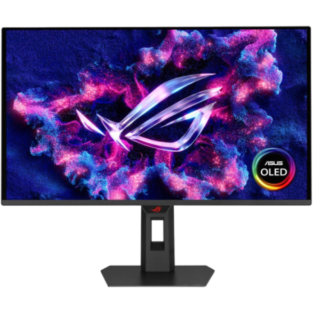 ASUS ROG OLED gaming monitor on a stand displaying a vibrant cosmic wallpaper with neon colors and the ASUS OLED badge in the corner.