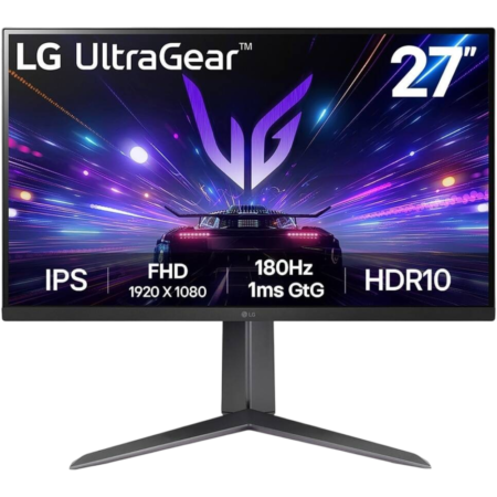 LG UltraGear 27-inch gaming monitor on a stand, displaying a neon car graphic with key specs (IPS, FHD 1920x1080, 180Hz 1ms GTG, HDR10)