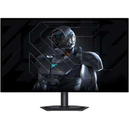 Curved monitor displaying a futuristic android in metallic armor on a dark background.