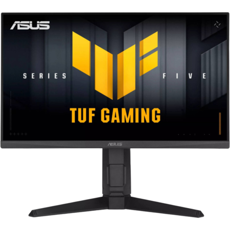 ASUS TUF Gaming monitor on a stand displaying black and yellow graphics with 'SERIES FIVE' text and 'TUF GAMING' logo