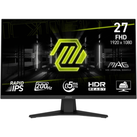 27-inch MSI Arsenal Gaming monitor on a stand, showing neon green logo and feature icons (27" FHD 1920×1080, Rapid IPS, 200Hz, 0.5ms GTG, HDR Ready).