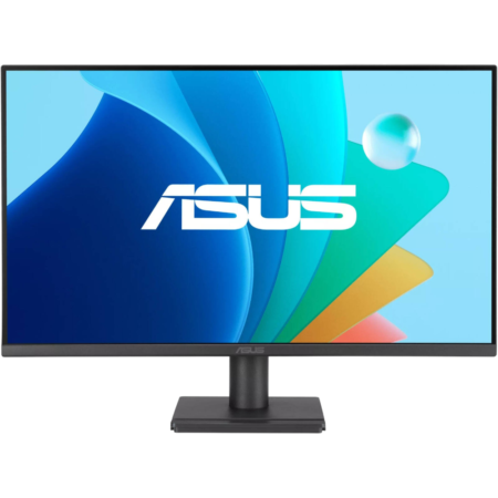 ASUS computer monitor on a stand displaying a colorful background with the white ASUS logo