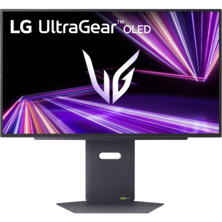 LG UltraGear OLED monitor mounted on a dark stand with vibrant neon light streaks across the screen.